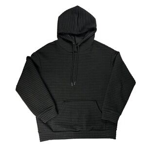 Mens Black Waffle Knit Textured Hoodie Sweatshirt Long Sleeve Pullover Pocket
